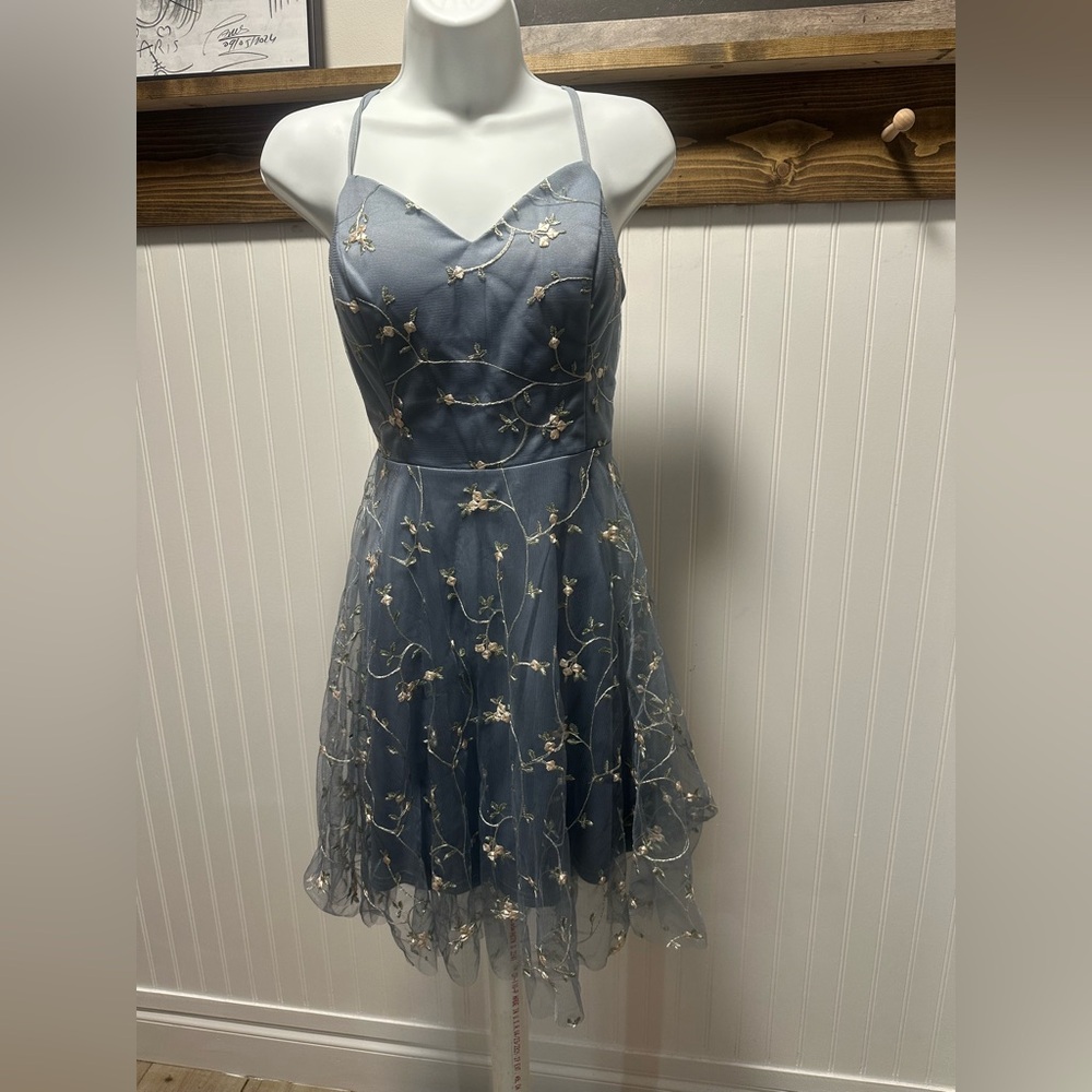 Mgiacy Embroidered Fairy Mini Dress Floral Sz L Tulle Babydoll Mesh Overlay